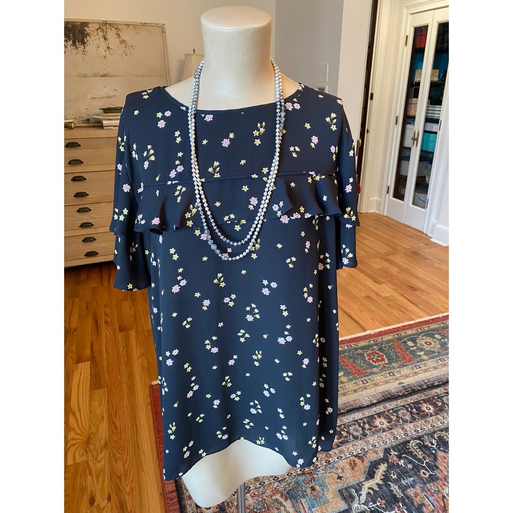 LOFT Navy Floral Ruffle Blouse